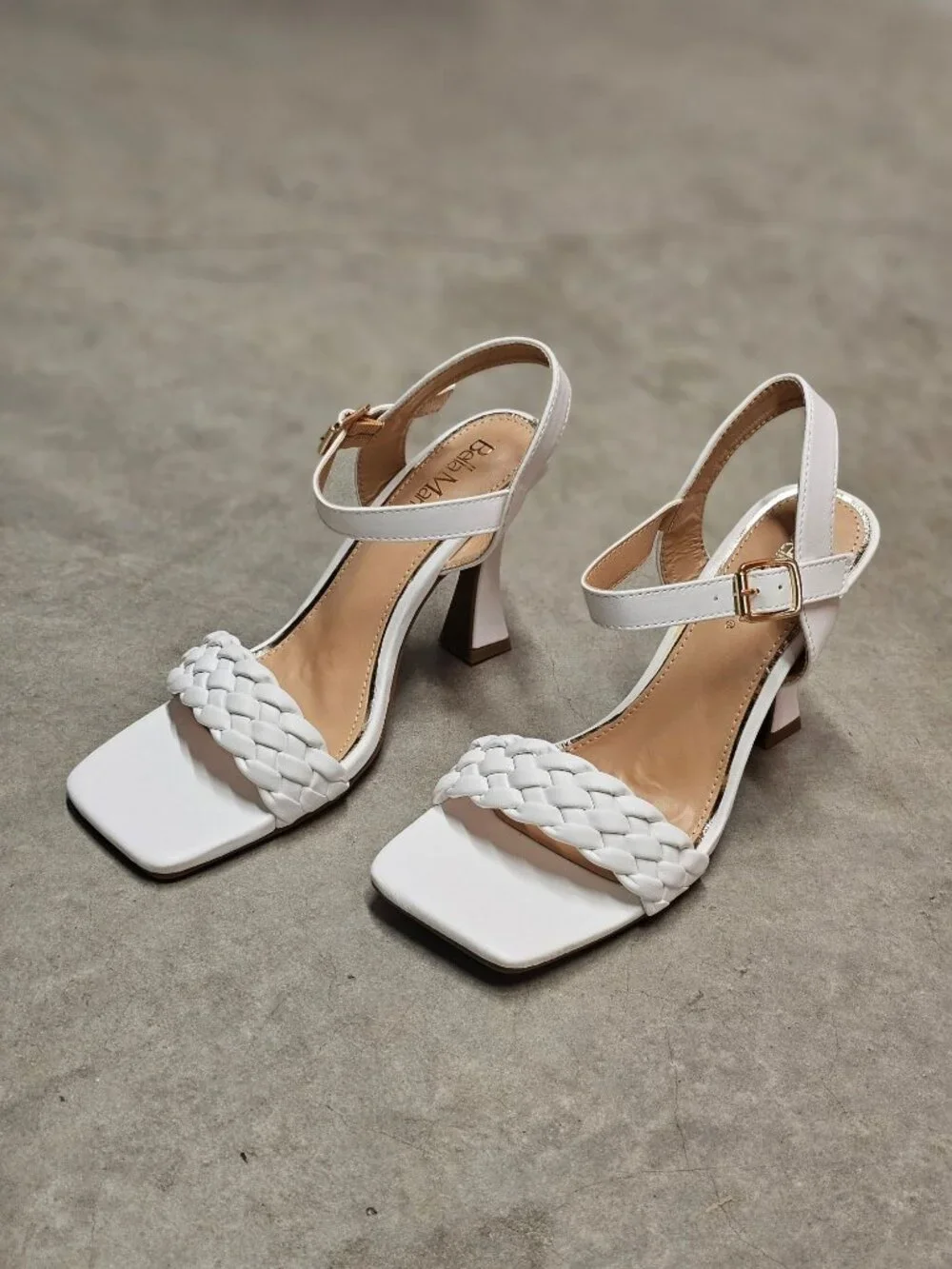 White Braided Strap High Heel Sandals With Square Toe & Adjustable Buckle Closur